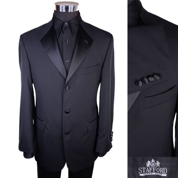 Stafford Satin Lapel Smoking Dinner Tuxedo Blazer Mens 38R Sport Suit Coat Wool